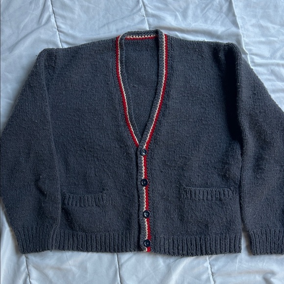Women’s blue hand knit Cardigan Sweater. Classic, well worn grandpa vibes - Picture 1 of 3